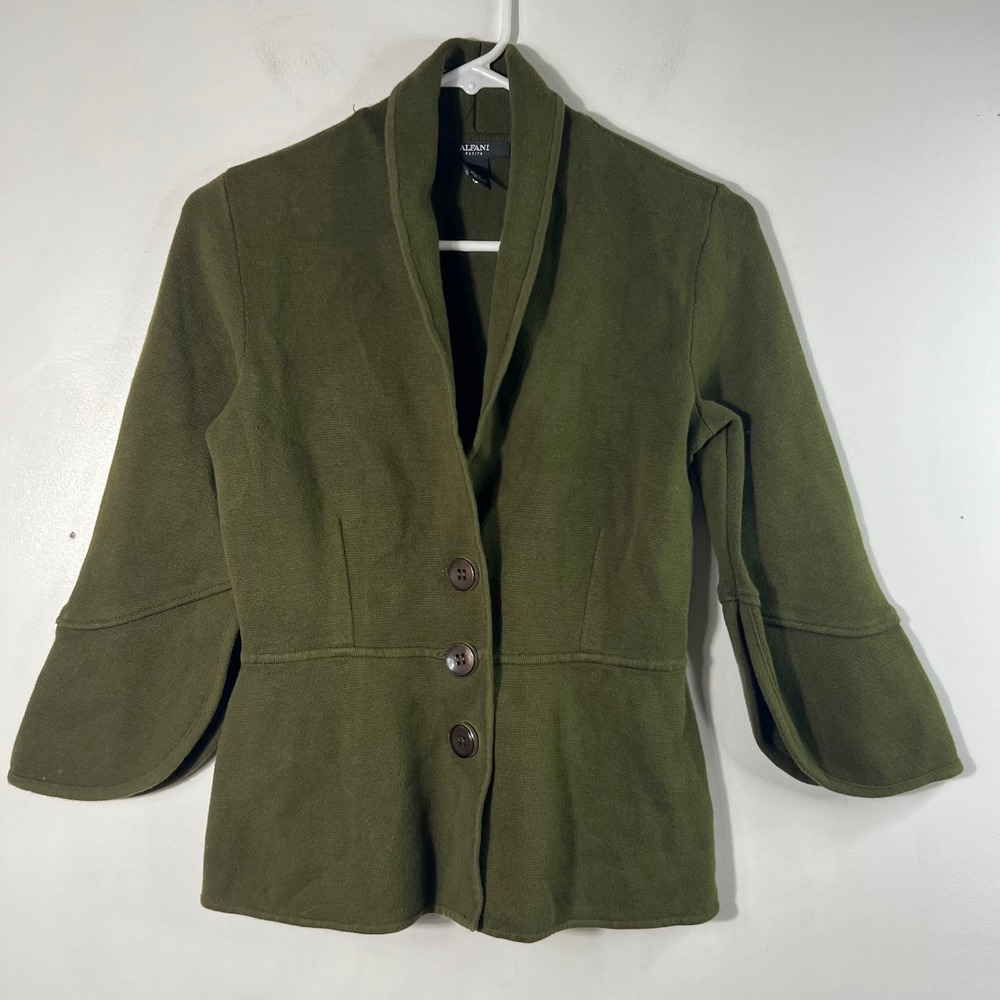 Alfani Petite Shawl Collar Button Knit Sweater Jacket Army Green PSTulip Sleeve
